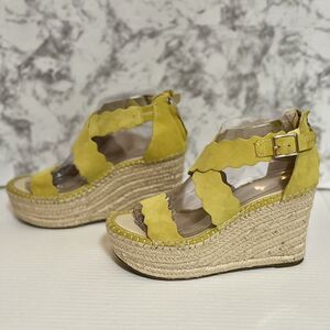 Marc Fisher Espadrille Platform Suede Wedge Sandals Womens 7.5 Yellow Boho Y2K